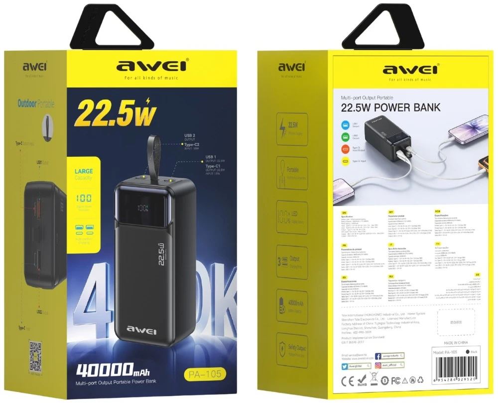 Powerbank Awei PA-105 40000mAh 22,5W PD 3xUSB-C juodos spalvos