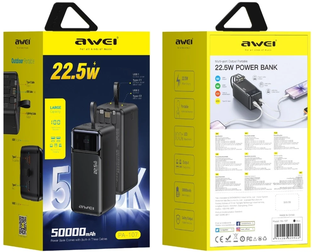 Powerbank Awei PA-107 50000mAh 22,5W PD 3xUSB juodos spalvos