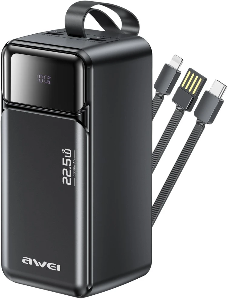 Powerbank Awei PA-107 50000mAh 22,5W PD 3xUSB juodos spalvos