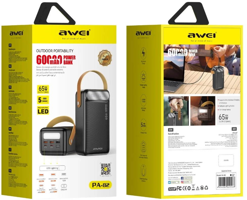 Powerbank Awei PA-82 60000mAh 65W PD 2xUSB-A/USB-C juodos spalvos