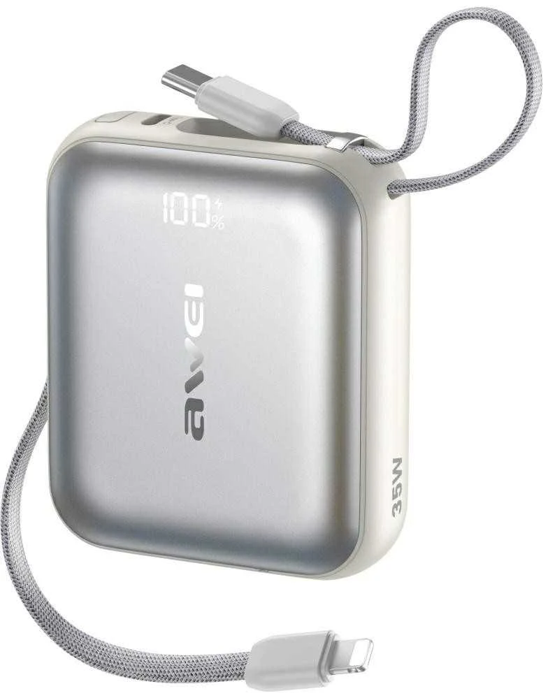 Išorinė baterija Awei AS-181 10000mAh 35W USB-C + Lightning/USB-C laidas sidabrinis