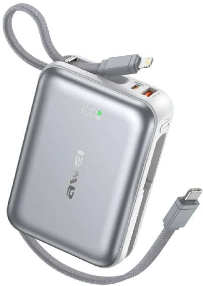 Išorinė baterija Awei C03 20000mAh USB-A/USB-C + Lightning/USB-C laidas sidabrinis