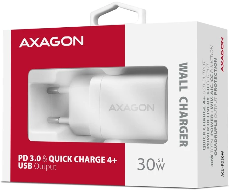 Axagon Acu-pd30w Įkroviklis jungiama į tinklą pd 30w, 1x port usb-c, pd3.0/qc3.0/afc/fcp/apple balta