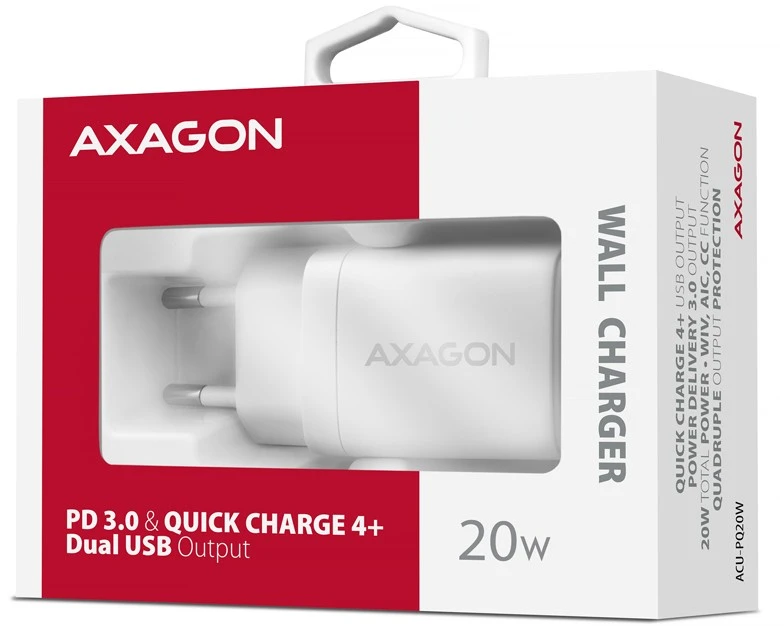 AXAGON ACU-PQ20W sieninis įkroviklis QC3.0/AFC/FCP + PD type-C, 20W, baltas
