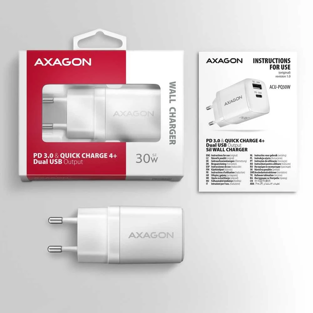 Axagon Acu-pq30w Įkroviklis jungiama į tinklą pd & qc 30w, qc3.0,4.0/afc/fcp/pps/apple balta