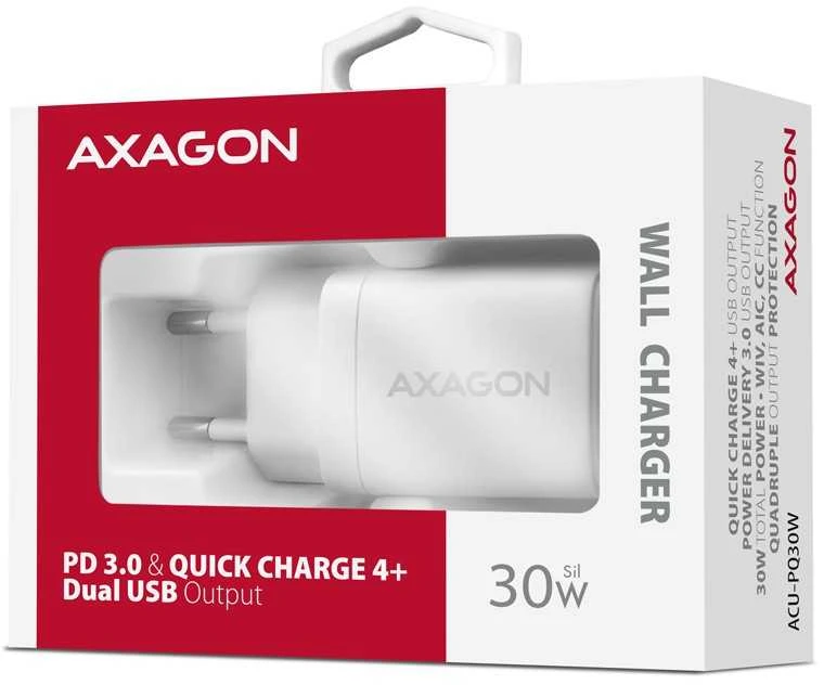 Axagon Acu-pq30w Įkroviklis jungiama į tinklą pd & qc 30w, qc3.0,4.0/afc/fcp/pps/apple balta