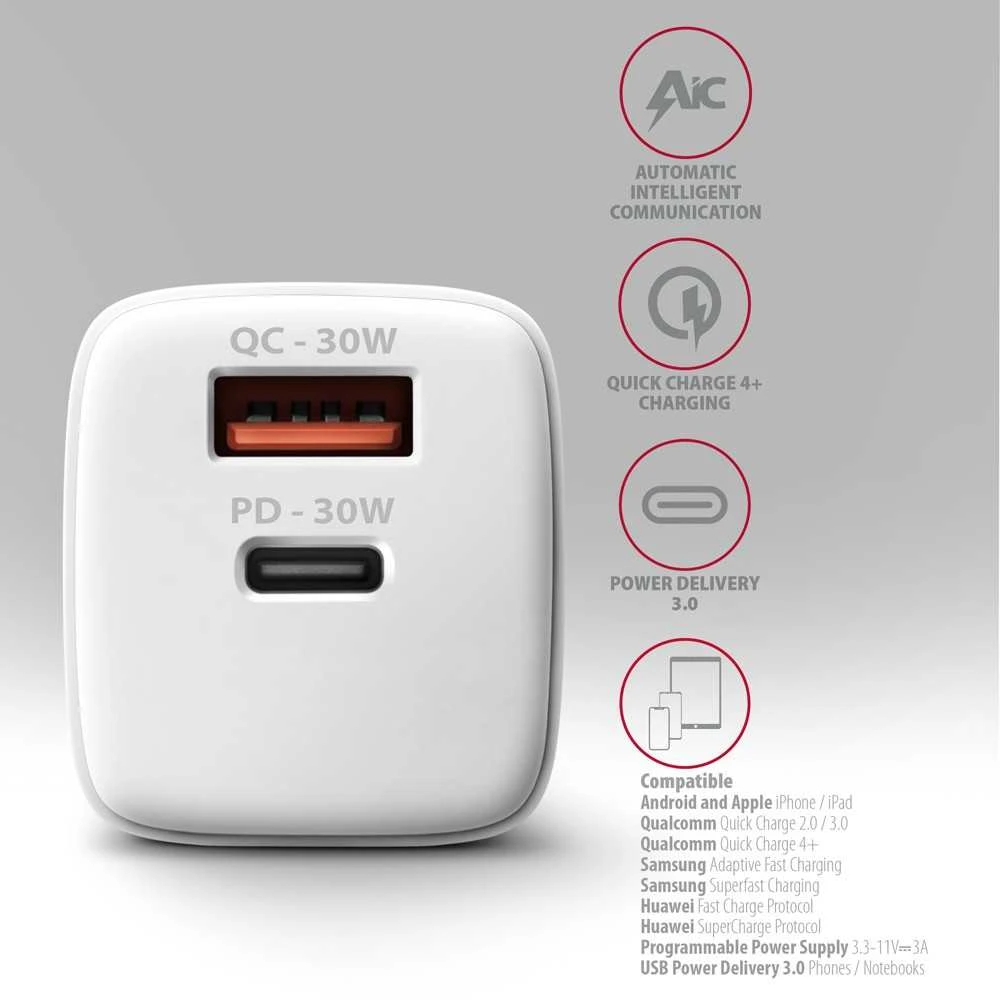 Axagon Acu-pq30w Įkroviklis jungiama į tinklą pd & qc 30w, qc3.0,4.0/afc/fcp/pps/apple balta