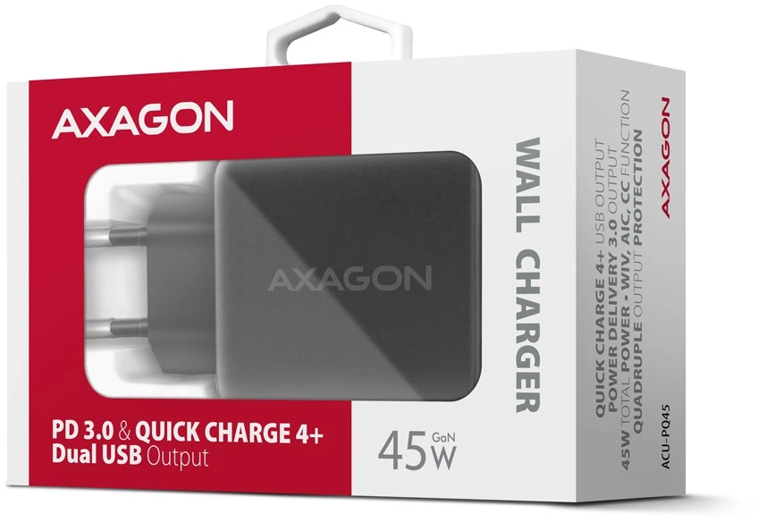 AXAGON GaN sieninis įkroviklis 2x prievadas (USB-A + USB-C), PD3.0/PPS/QC4+/SFC2.0/AFC/SCP/FCP/Apple, 45W | ACU-PQ45
