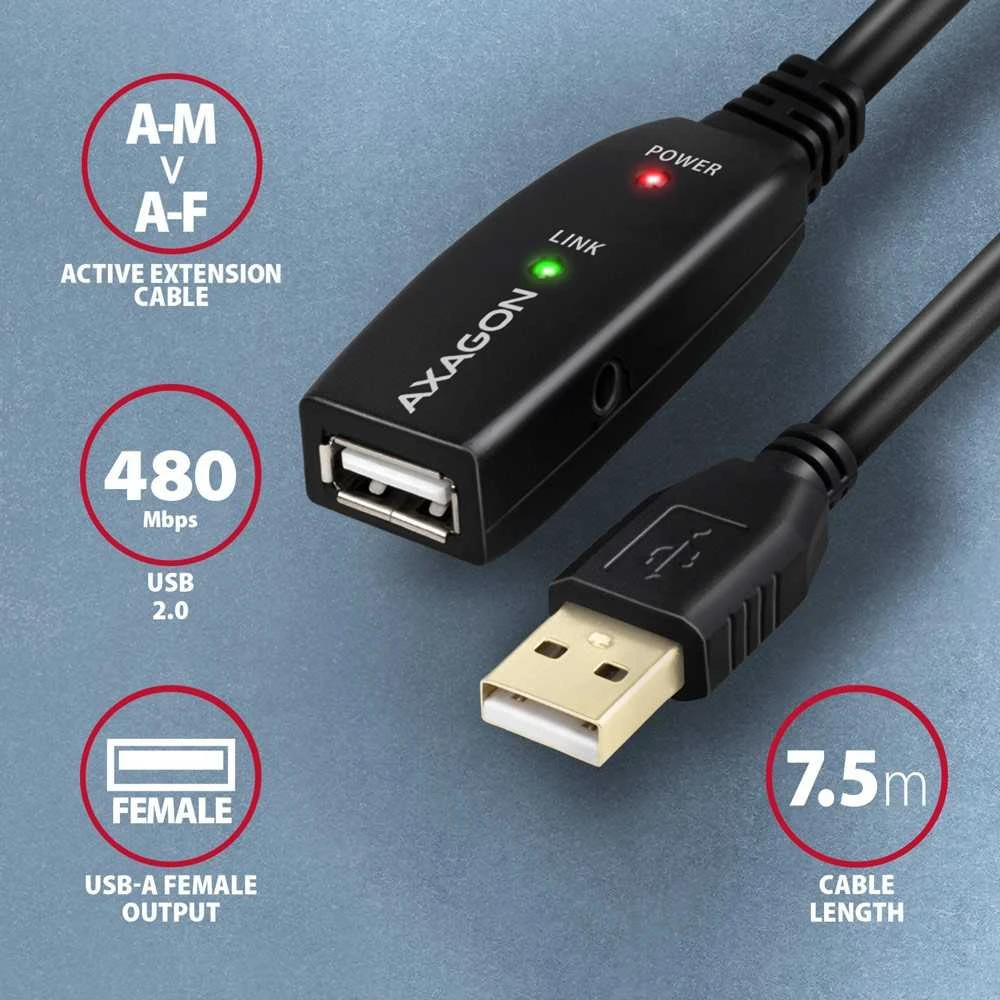 AXAGON | Aktyvus prailginimo kabelis, 7,5 m | ADR-207 | USB A tipo į USB A tipo
