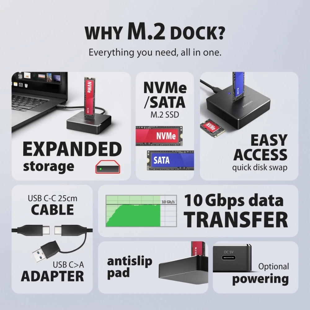 AXAGON ADSA-M2C11 USB-C 10Gbps docking station for M.2 NVMe / SATA SSD