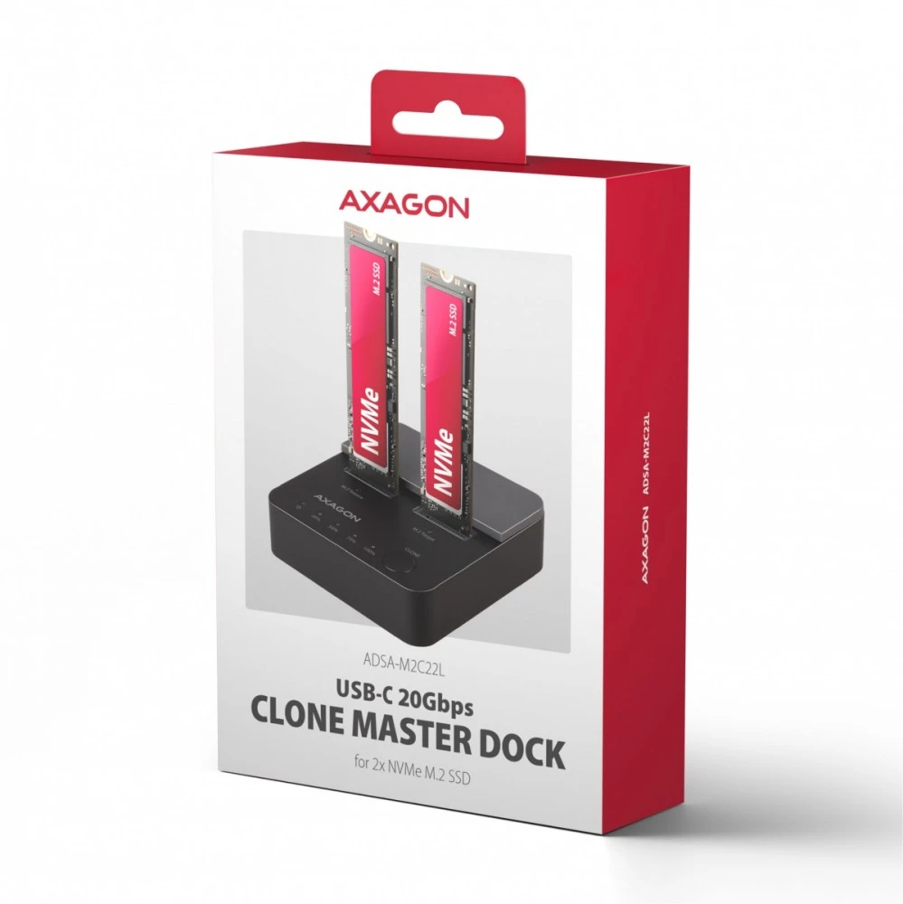 AXAGON | USB-C 20Gbps docking station for 2× M.2 NVMe SSD with disk cloning function without PC | ADSA-M2C22L