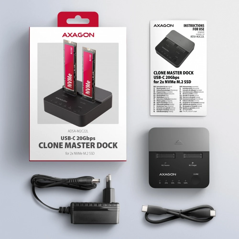 AXAGON | USB-C 20Gbps docking station for 2× M.2 NVMe SSD with disk cloning function without PC | ADSA-M2C22L