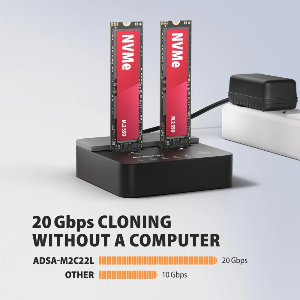 AXAGON | USB-C 20Gbps docking station for 2× M.2 NVMe SSD with disk cloning function without PC | ADSA-M2C22L