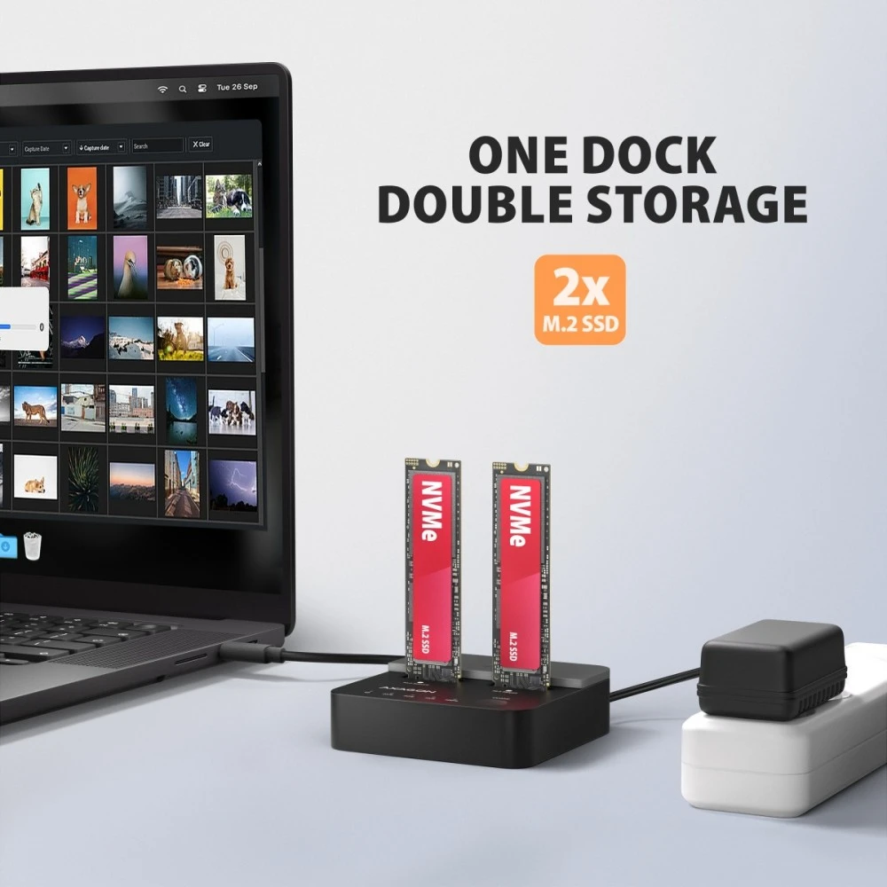 AXAGON | USB-C 20Gbps docking station for 2× M.2 NVMe SSD with disk cloning function without PC | ADSA-M2C22L