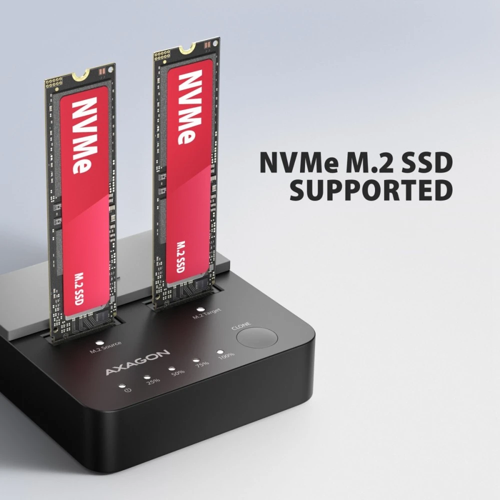 AXAGON | USB-C 20Gbps docking station for 2× M.2 NVMe SSD with disk cloning function without PC | ADSA-M2C22L