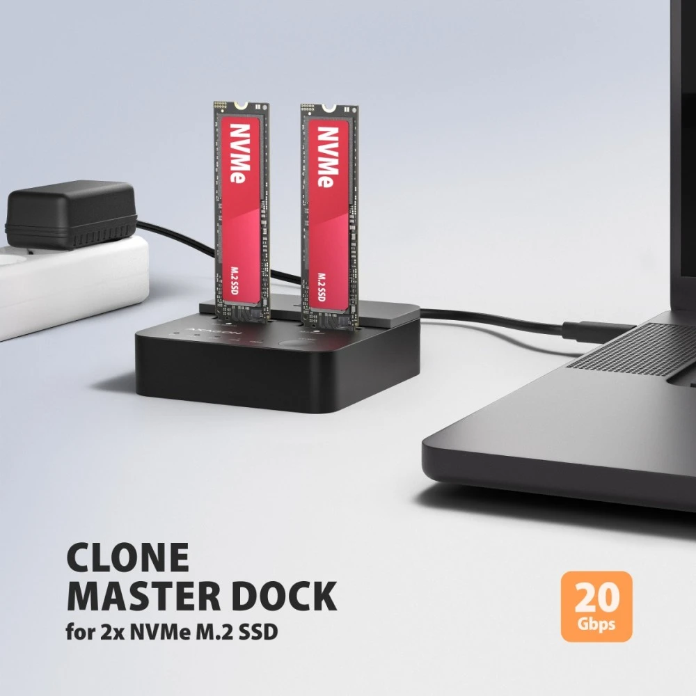 AXAGON | USB-C 20Gbps docking station for 2× M.2 NVMe SSD with disk cloning function without PC | ADSA-M2C22L