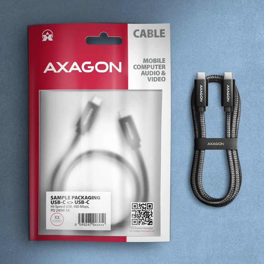 Axagon Data and charging USB 480Mbps kabelio ilgis 2 m. PD 240W, 5A. Juodas braided.