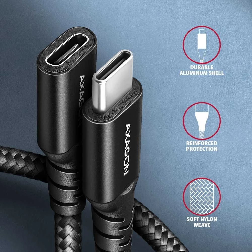 Axagon Bucm32-CF10AB prailginimo laidas gen2 USB-C - USB-C, 1 m, 5A, 20 Gbps, PD 240 W, pintas, juodas