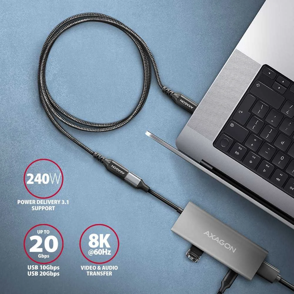 Axagon Bucm32-CF10AB prailginimo laidas gen2 USB-C - USB-C, 1 m, 5A, 20 Gbps, PD 240 W, pintas, juodas