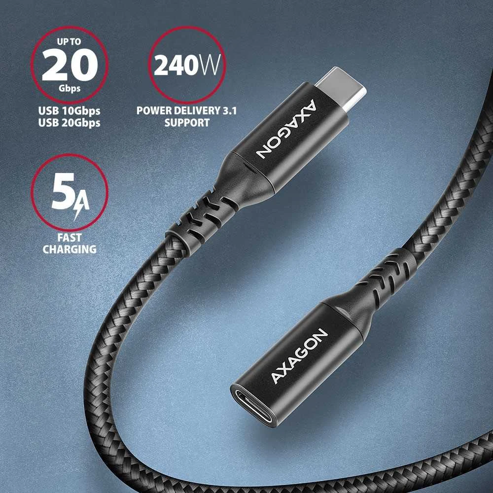 Axagon Bucm32-CF10AB prailginimo laidas gen2 USB-C - USB-C, 1 m, 5A, 20 Gbps, PD 240 W, pintas, juodas