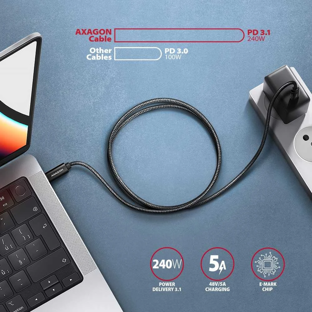 AXAGON | „NewGEN+“ USB-C į USB-C 4 kartos 3×2/240 W laidas, 0,5 m | BUCM4X-CM05AB