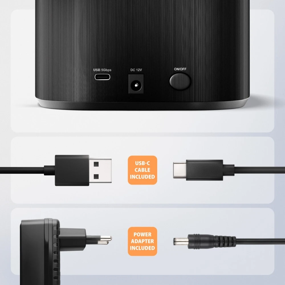 Axagon USB-C 5Gbps docking station for 2x 2.5"/3.5" SSD/HDD with disk cloning function without PC