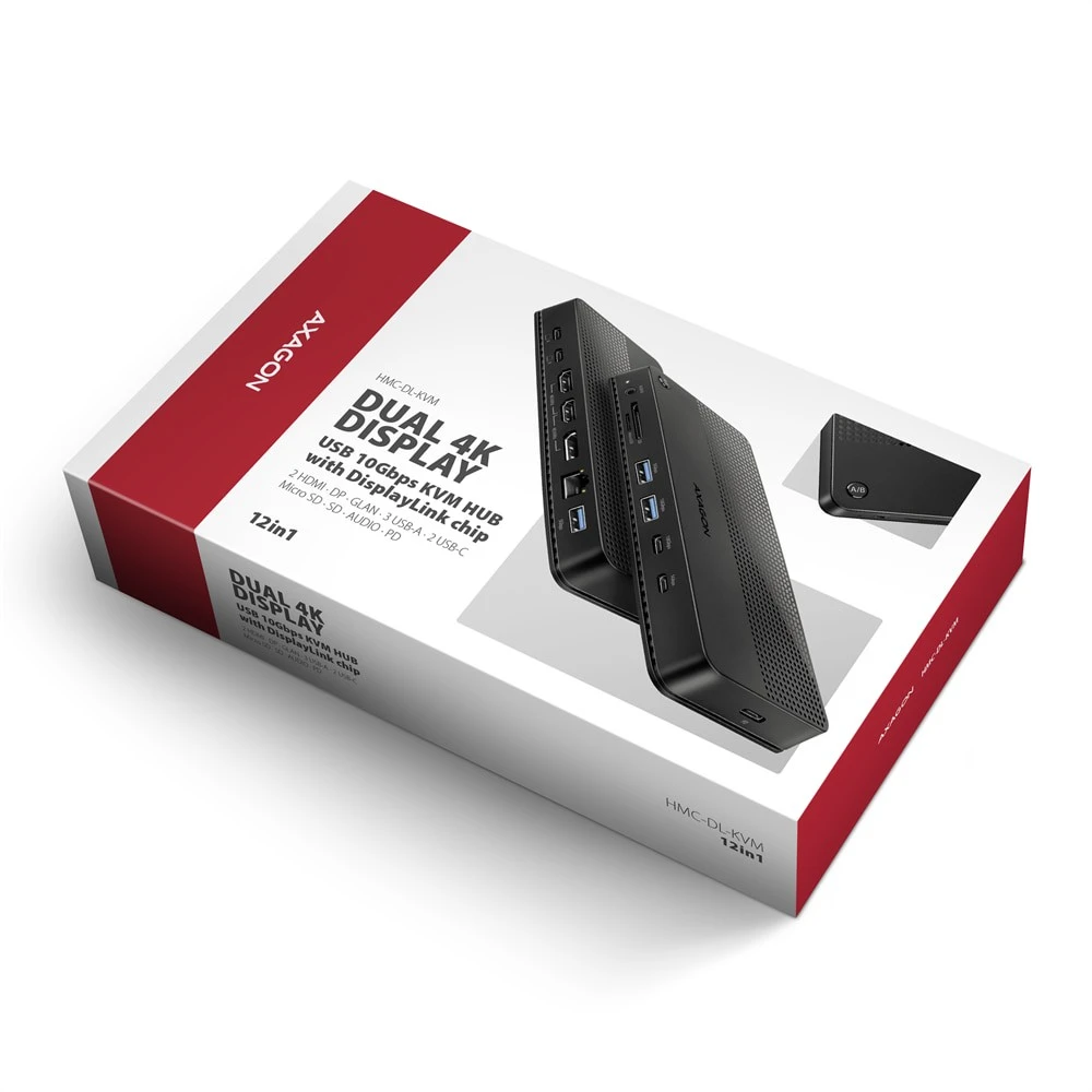 Axagon USB-C dokavimo stotis HMC-DL-KVM 12 viename + KVM 2 kompiuteriams, DisplayLink, 10 Gbps, 3x USB-A, 2x USB-C, 2x HDMI 4K/60Hz, DP, LAN 1 Gbps, SD/Micro SD, garso, PD 100 W