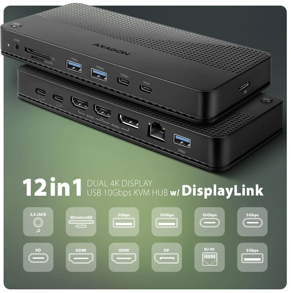 Axagon USB-C dokavimo stotis HMC-DL-KVM 12 viename + KVM 2 kompiuteriams, DisplayLink, 10 Gbps, 3x USB-A, 2x USB-C, 2x HDMI 4K/60Hz, DP, LAN 1 Gbps, SD/Micro SD, garso, PD 100 W