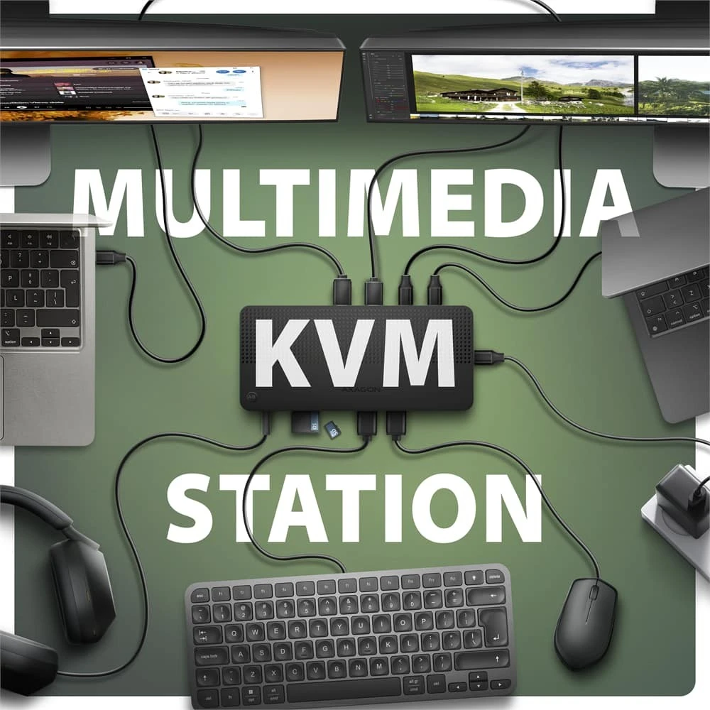 Axagon USB-C dokavimo stotis HMC-DL-KVM 12 viename + KVM 2 kompiuteriams, DisplayLink, 10 Gbps, 3x USB-A, 2x USB-C, 2x HDMI 4K/60Hz, DP, LAN 1 Gbps, SD/Micro SD, garso, PD 100 W