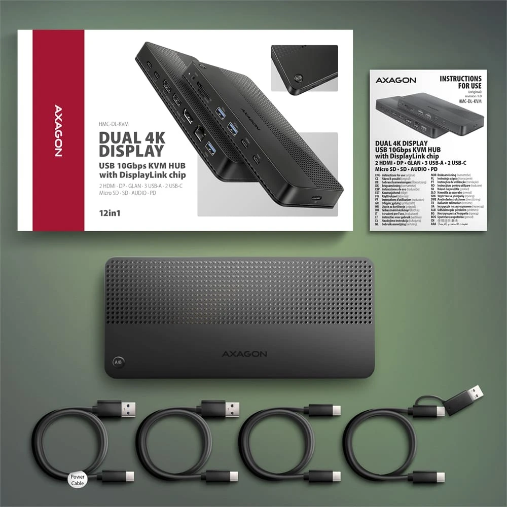 Axagon USB-C dokavimo stotis HMC-DL-KVM 12 viename + KVM 2 kompiuteriams, DisplayLink, 10 Gbps, 3x USB-A, 2x USB-C, 2x HDMI 4K/60Hz, DP, LAN 1 Gbps, SD/Micro SD, garso, PD 100 W