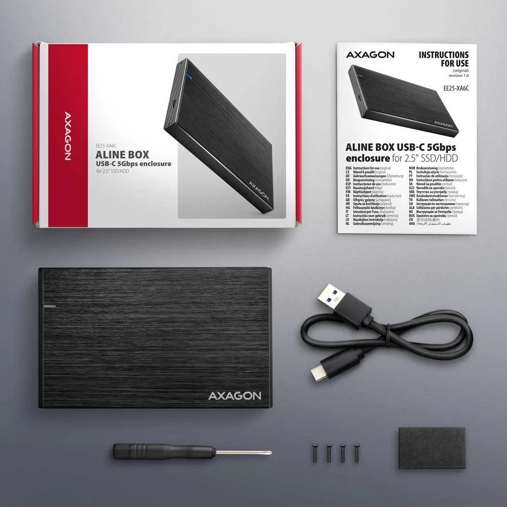 „Axagon EE25-XA6C“ USB-C 5Gbps SATA 6G išorinė dėžutė, skirta 2,5 colio SSD/HDD ALINE dėžutei