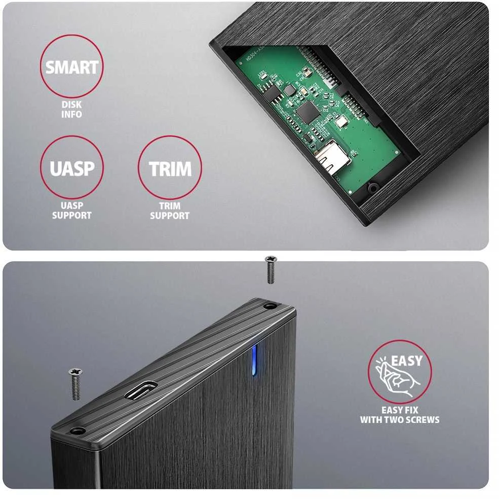 „Axagon EE25-XA6C“ USB-C 5Gbps SATA 6G išorinė dėžutė, skirta 2,5 colio SSD/HDD ALINE dėžutei