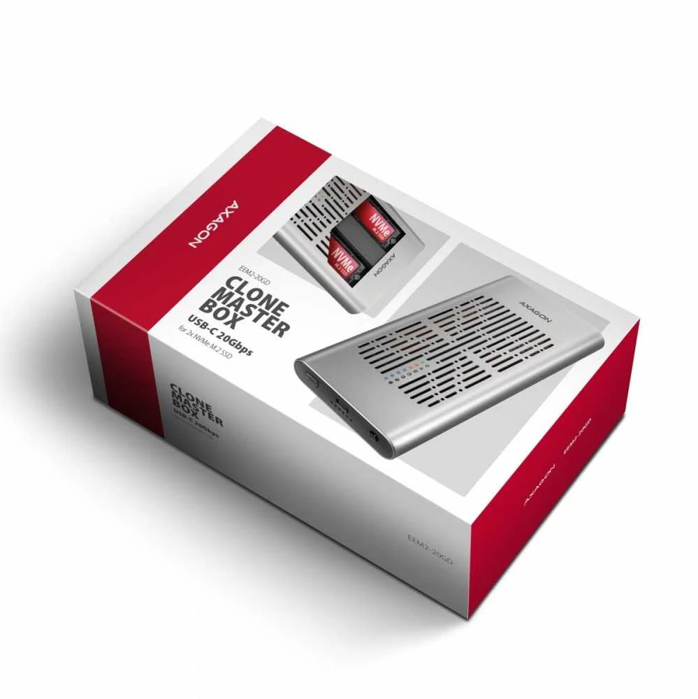 „AXAGON USB-C 20Gbps“ dvigubas M.2 NVMe SSD „CLONE MASTER“ korpusas | EEM2-20GD
