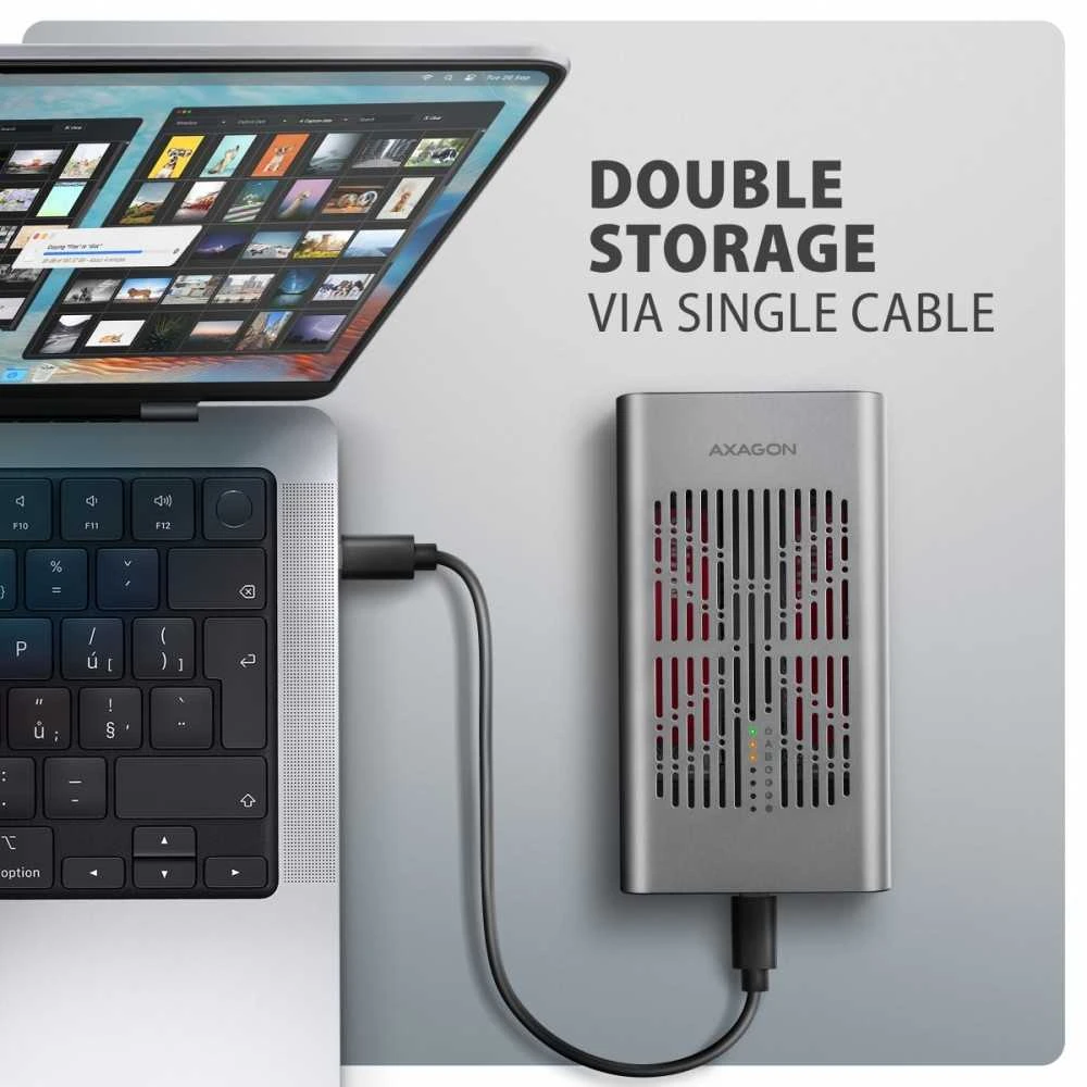 „AXAGON USB-C 20Gbps“ dvigubas M.2 NVMe SSD „CLONE MASTER“ korpusas | EEM2-20GD