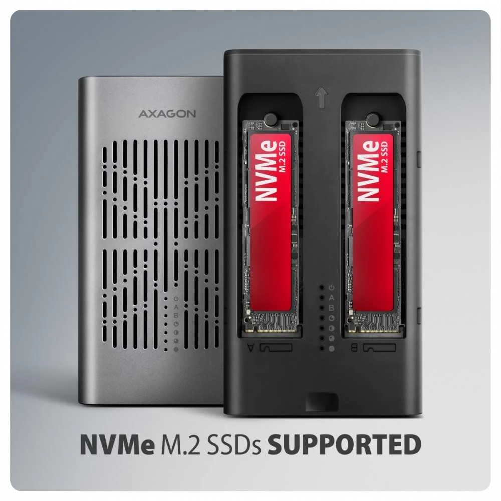 „AXAGON USB-C 20Gbps“ dvigubas M.2 NVMe SSD „CLONE MASTER“ korpusas | EEM2-20GD