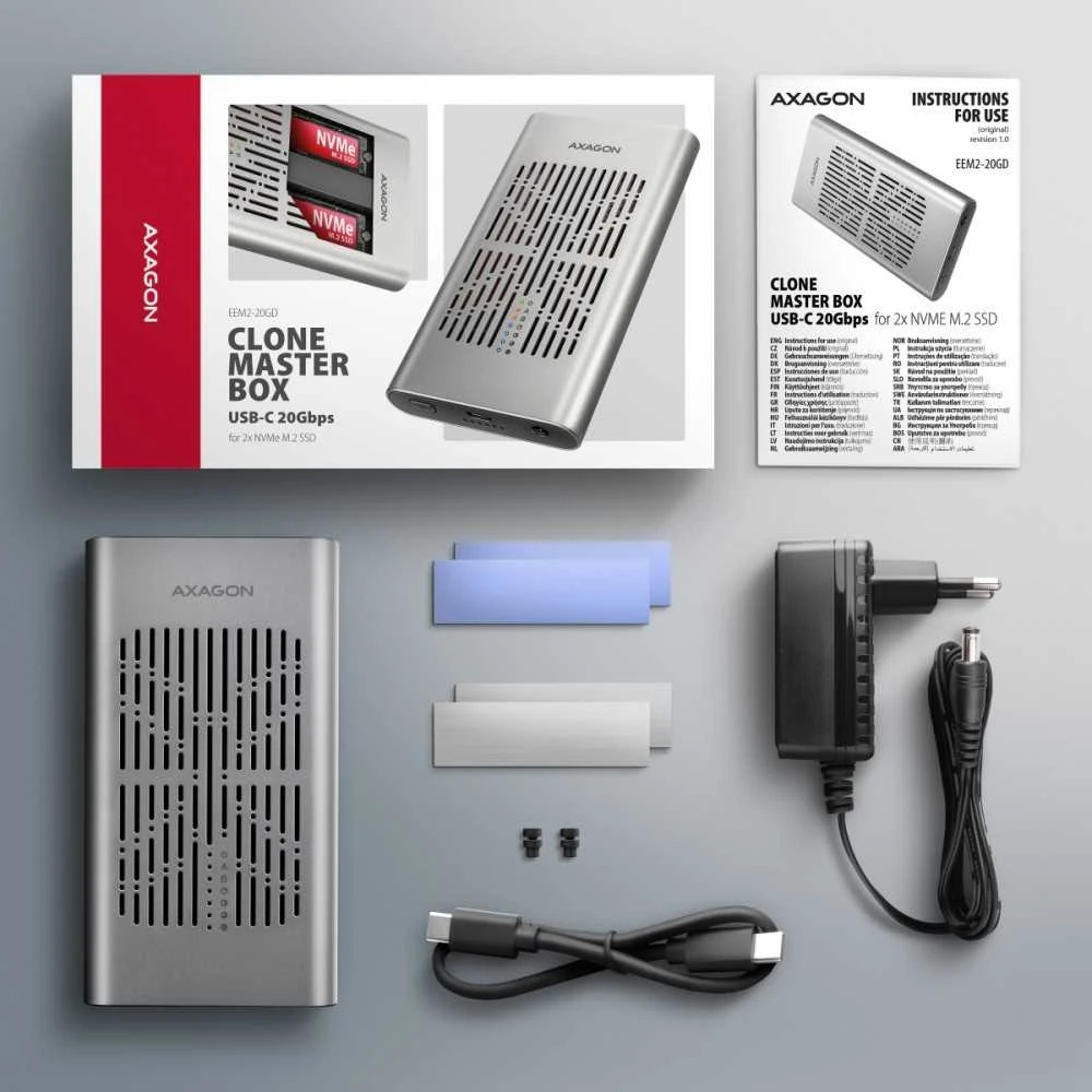 „AXAGON USB-C 20Gbps“ dvigubas M.2 NVMe SSD „CLONE MASTER“ korpusas | EEM2-20GD