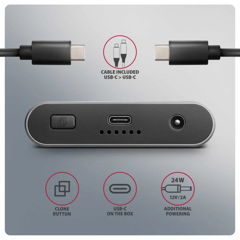 „AXAGON USB-C 20Gbps“ dvigubas M.2 NVMe SSD „CLONE MASTER“ korpusas | EEM2-20GD