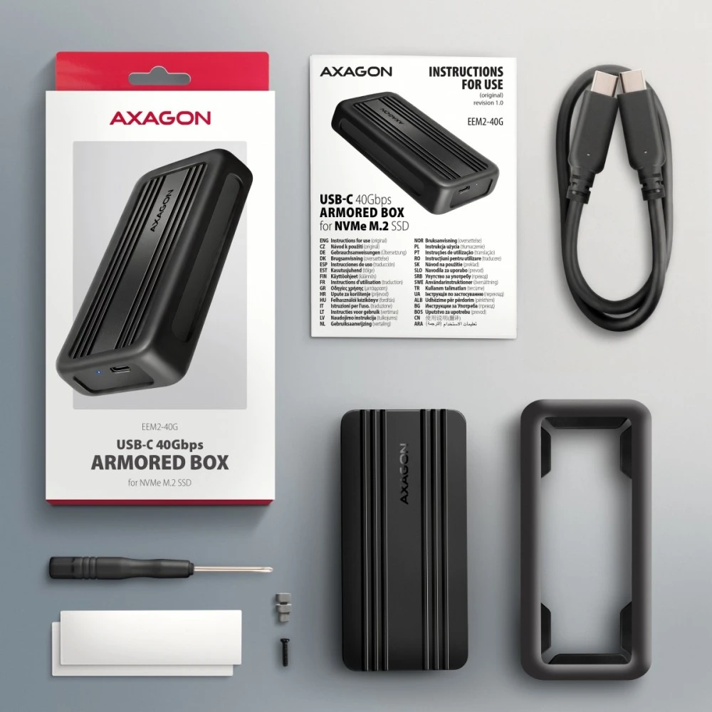 „AXAGON“ USB-C 40 Gbps išorinis korpusas, skirtas M.2 NVMe SSD | EEM2-40G