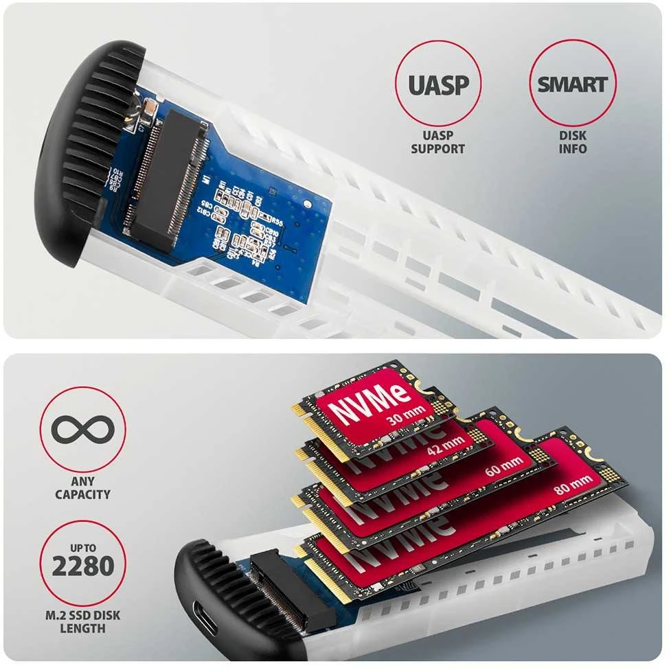 AXAGON EEM2-SC USB-C 3.2 Gen 2 - M.2 NVMe SSD 30-80mm box juodas