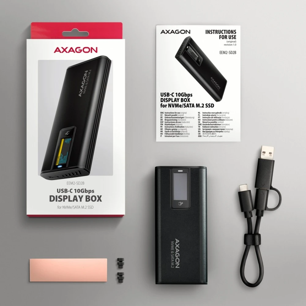 „Axagon EEM2-SD2B USB-C 10Gbps-M.2 NVMe ir SATA SSD“ ekrano dėžutė