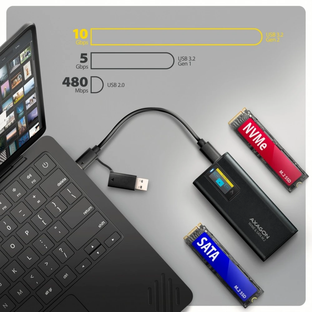 „Axagon EEM2-SD2B USB-C 10Gbps-M.2 NVMe ir SATA SSD“ ekrano dėžutė