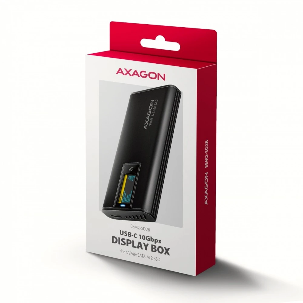„Axagon EEM2-SD2B USB-C 10Gbps-M.2 NVMe ir SATA SSD“ ekrano dėžutė