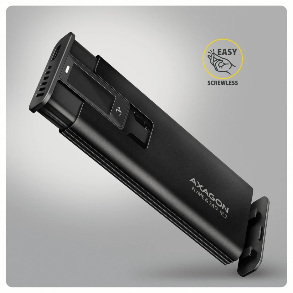 „Axagon EEM2-SD2B USB-C 10Gbps-M.2 NVMe ir SATA SSD“ ekrano dėžutė