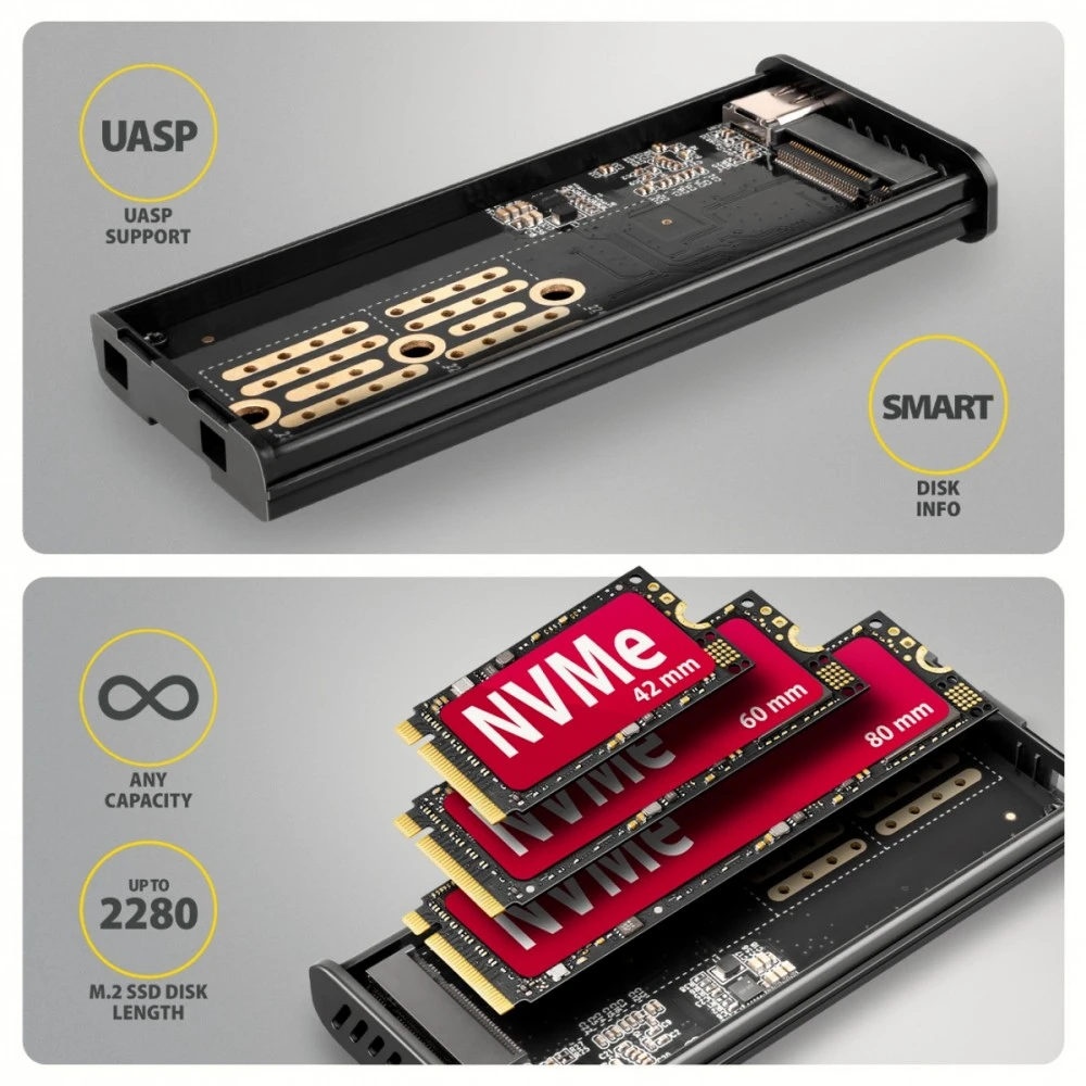„Axagon EEM2-SD2B USB-C 10Gbps-M.2 NVMe ir SATA SSD“ ekrano dėžutė