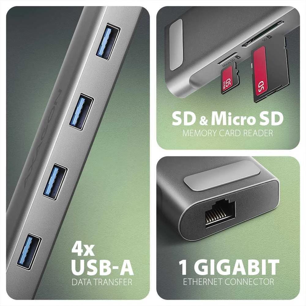Axagon HMC-10HLS USB šakotuvas 9in1, 5Gbps, 4x USB-A, HDMI 4k/60Hz, Glan, SD/MicroSD, PD 100W, 25cm USB-C kabelis