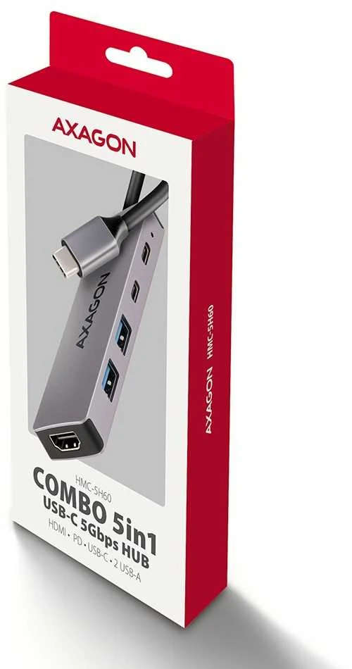 AXAGON HMC-5H60 USB-C 3.2 Gen 1 šakotuvas, 2 x USB-A, 1 x USB-C, 4K 60 Hz HDMI, PD 100 W, 15 cm USB-C laidas