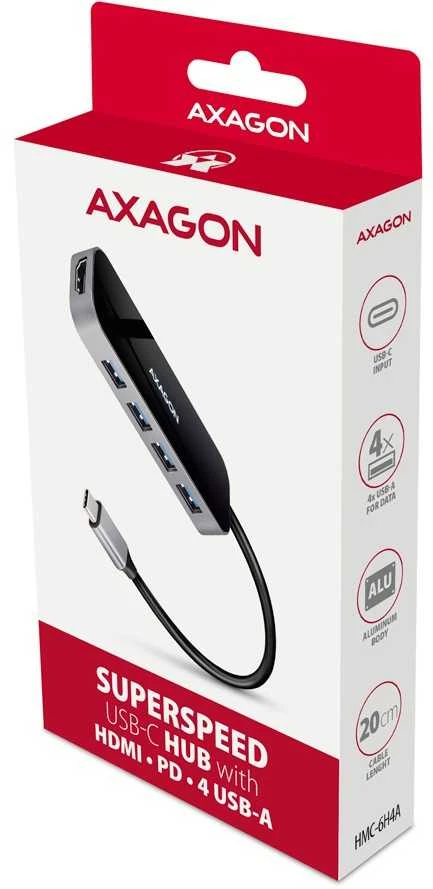 Axagon Hmc-6h4a wieloportowy hub 4x usb-a + hdmi, usb-c 3.2 gen 1, pd 100w, 20cm usb-c kabelis