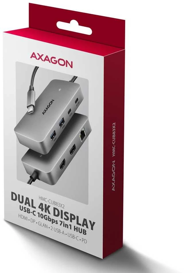 „AXAGON USB-C 10Gbps DUAL 4K DISPLAY 7in1“ šakotuvas | HMC-CUB83X2
