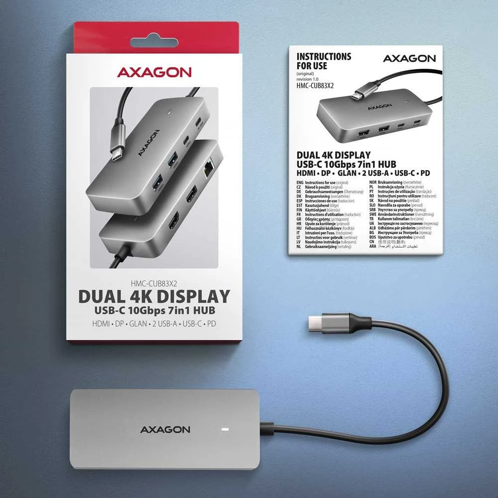 „AXAGON USB-C 10Gbps DUAL 4K DISPLAY 7in1“ šakotuvas | HMC-CUB83X2