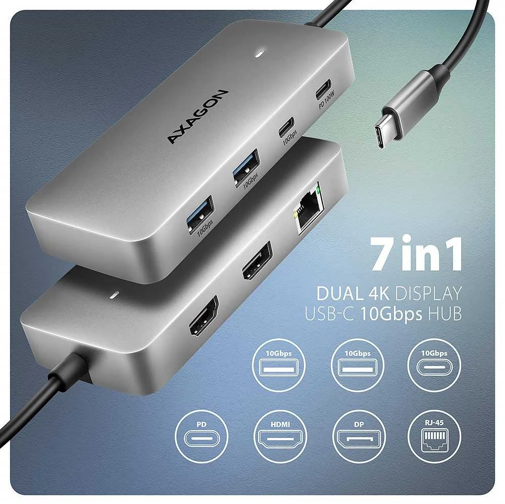 AXAGON 7in1 USB-C šakotuvas su 10Gbps prievadais
